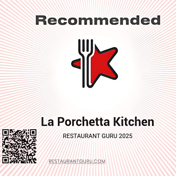 La Porchetta Kitchen recommended by Restaurant Guru 2025, with a fork and red star logo.