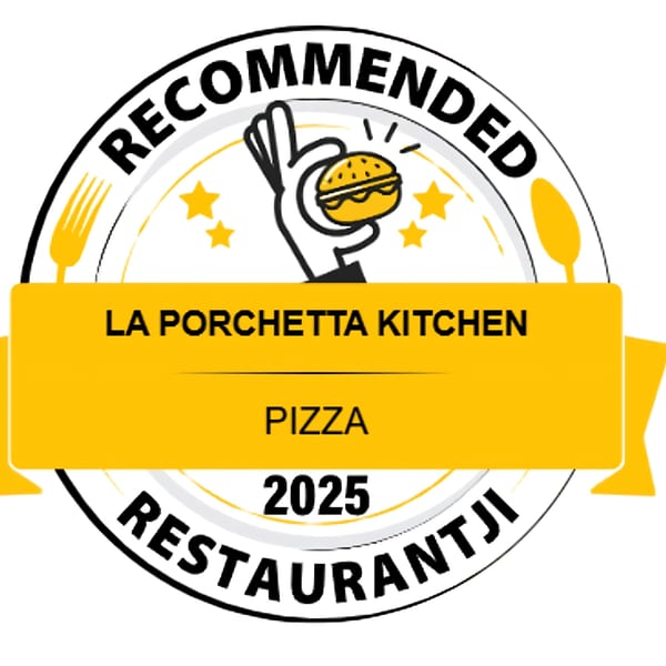 Recommended Restaurantji 2025 award for La Porchetta Kitchen pizza, featuring a hand holding a burger.